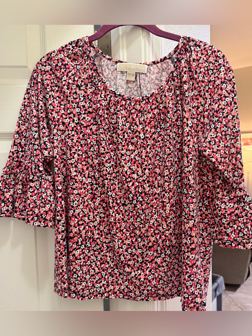 Michael Kors Pink Floral Mid-Sleeve Women's Top - Size Small
